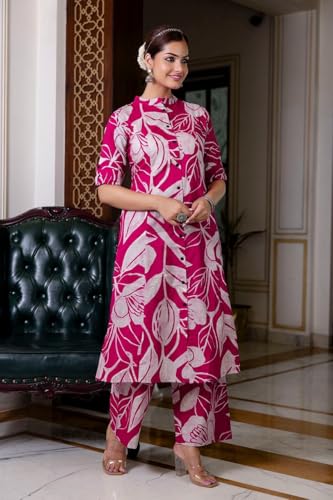 ANNI DESIGNER Womens Rayon Viscose Straight Printed Kurta with Palazzo (Diboli Pink_XL_Pink_X-Large)