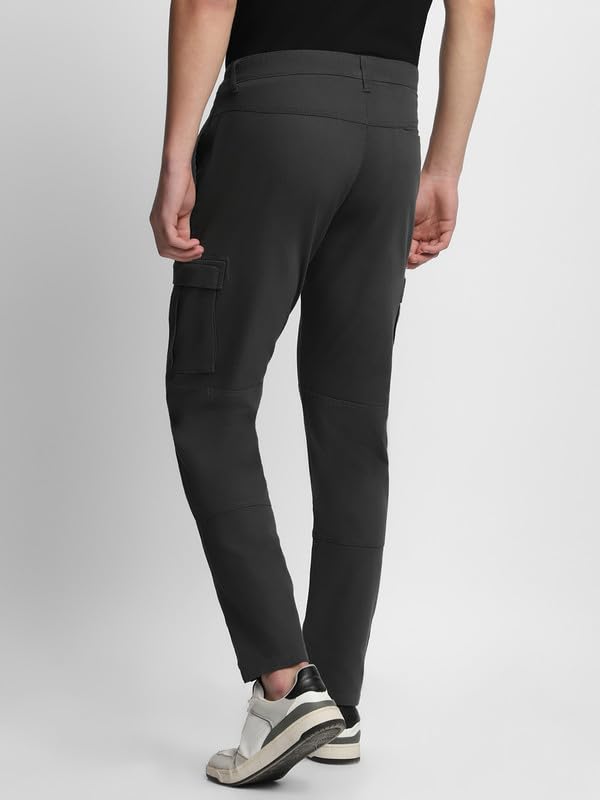 Dennis Lingo Mens Solid Cotton Lycra Mid Rise Slim Fit Cargo Trousers Charcoal Grey