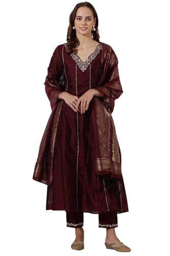 W Maroon A-Line Kurta, Straight Pant & Dupatta For Women (Size: L)-24Auws11183-222470