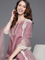 Alvami Women Emboridered Anarkali Kurta and Pant Set with Dupatta (XL) Pink