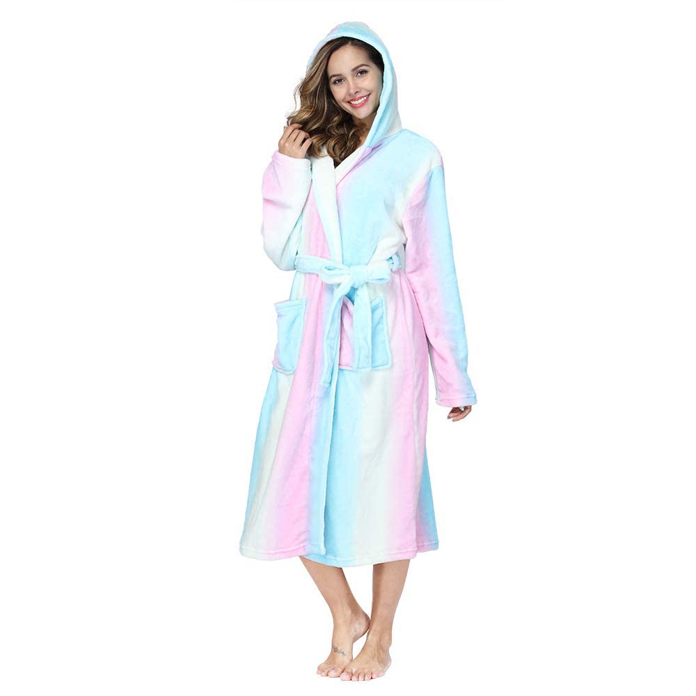 RONGTAI Womens Robes Plush Fleece Print Rainbow Hooded Bathrobe Thick Nightgown with Pockets Fluffy Sleepwear Large