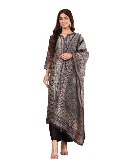 Varanga Women Chanderi Silk Geometric Printed Kurta Paired With Bottom And Dupatta