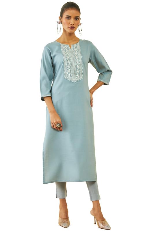 Soch Women Rayon Floral Embroidered Yoke Straight Kurta with Pocket