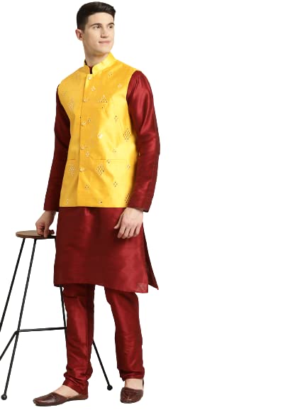 SOJANYA (Since 1958 Mens Silk Blend Maroon Kurta & Churidaar Pyjama With Mirror Work Nehru jacket Set