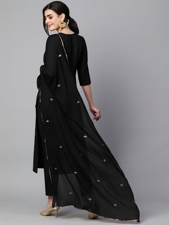 ANNI DESIGNER Womens Cotton Blend Embroidered Straight Kurta with Pant & Dupatta (KASTURI Black-APL_M_Black_Medium)