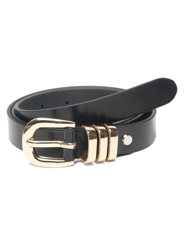 Teakwood Leathers Women Black Leather Belt With Round Gold Buckle | Adjustable Pin Buckle | 20 Mm Slim Fit Paired With Jeans, Tr 40
