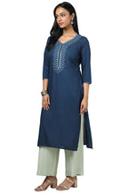 Soch Womens Blue Rayon Embroidered Kurta With Faux Mirror