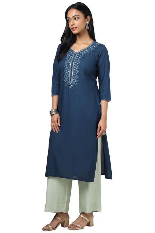 Soch Womens Blue Rayon Embroidered Kurta With Faux Mirror