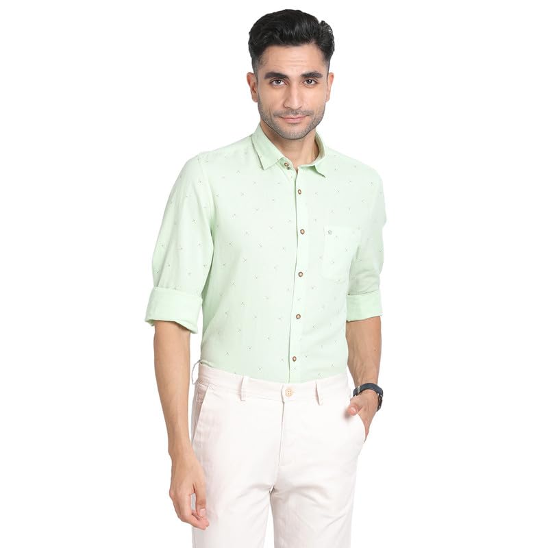 Turtle Men Cotton Linen Green Plain Slim Fit Full Sleeve Casual Shirt