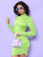 Ketch WomenS Cotton Blend Ruched Dress With High Neck Above The Knee Khj6000462_Lime Green