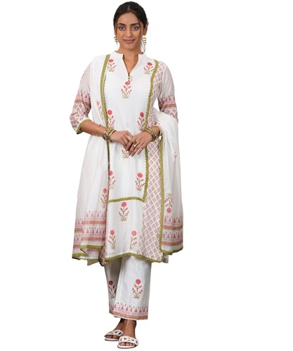 Libas White Printed Chanderi Silk Straight Kurta With Trousers & Dupatta