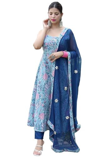 GoSriKi Womens Cotton Blend Anarkali Printed Kurta with Pant & Dupatta (GOANNI Blue-GS_XL_Blue_X-Large)