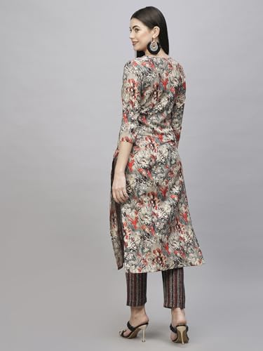 ANNI DESIGNER Womens Cotton Blend Straight Printed Kurta with Pant (Seep Grey_S_Grey_Small)