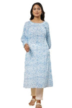 W For Woman White And Blue Floral Printed Cotton Kurta (Size: 3Xl)-24Few10816-123075