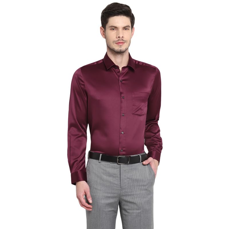 Turtle Men Poly Satin Maroon Solid Regular Fit Full Sleeve Ceremonial Shirt