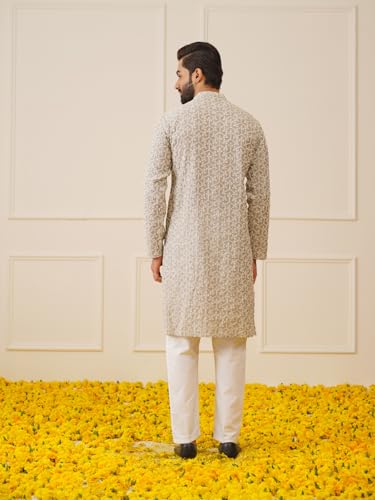 Jompers MenS Grey Chikankari Embroidered Kurta Pyjama Set