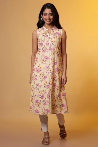 Aurelia Women?? Floral Printed A-Line Cotton Flax Kurta | Mandarin Collar Kurta For Women | Floral Printed Kurta For Women | Soft & Breathable Regular Fit Kurta For Women