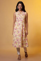 Aurelia Women?? Floral Printed A-Line Cotton Flax Kurta | Mandarin Collar Kurta For Women | Floral Printed Kurta For Women | Soft & Breathable Regular Fit Kurta For Women