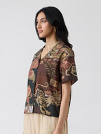 The Souled Store Panchatantra Women and Girls Short Sleeves Collared Neck Button Front Brown All Over Printed Oversized Fit Cott