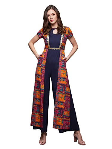 Miss Chase WomenS Regular Sleeve Regular-Length Jumpsuit (Mcss23D15-66-178-07, Multicolored-Base-Navy Blue, 2Xl)