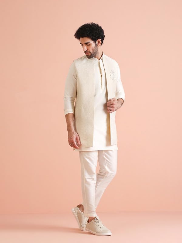 Kisah Mens Kurta Jacket Trouser Set|Silk Blend Fabric Stylish Woven Design Pattern Mens Ethnic Wear|Regular Fit Mandarin Collar