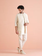 Kisah Mens Kurta Jacket Trouser Set|Silk Blend Fabric Stylish Woven Design Pattern Mens Ethnic Wear|Regular Fit Mandarin Collar