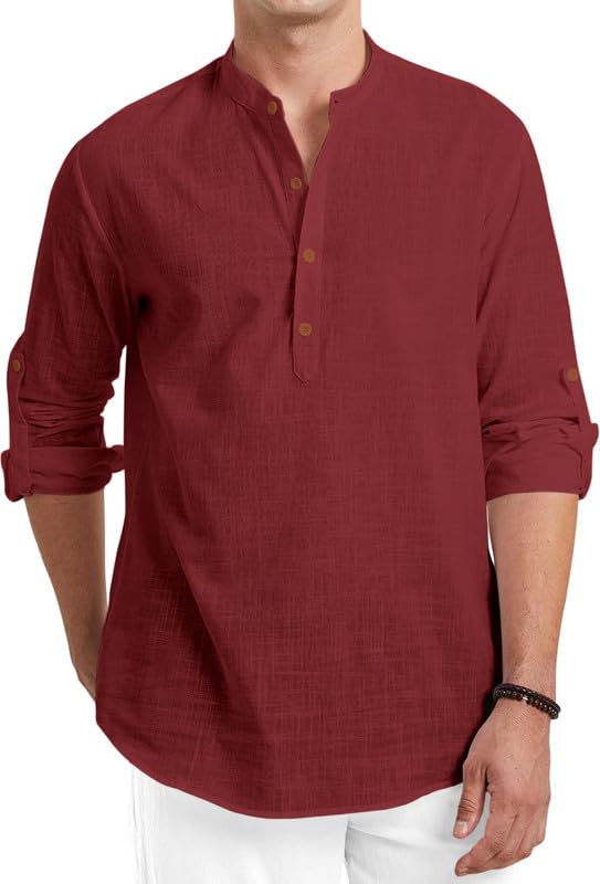 Macsivo MenS Cotton Polyester Blend Solid Regular Fit Full Sleeve Short Kurta | Lightweight Summer Short Kurta Maroon