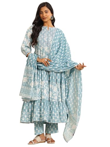 Blue Floral Printed Panelled Gotta Patti Anarkali Kurta With Printed Trouser And Floral Dupatta