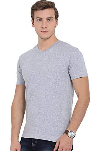ADRO Mens V Neck Solid Cotton T-Shirt (VN-M-PLN-GR_Grey_2XL)