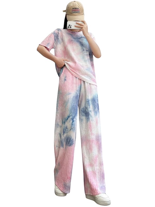 Womens Cotton Blend Tie-dye Relaxed Fit Stylish Pajama Sets || Short Sleeve Top & Long Pant Sleepwear Pjs Lounge Set Co-ords Ou