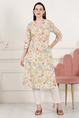 White Floral Printed Pure Cotton Straight Kurta With Lace On Neck