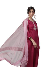 Varanga Magenta Zari Embroidery Kurta With Mauve Palazzo And Bhagalpuri Silk Dupatta.