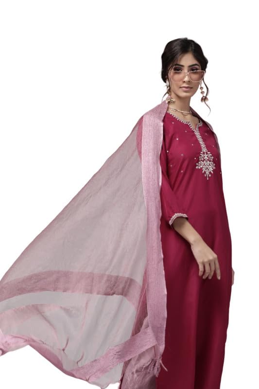 Varanga Magenta Zari Embroidery Kurta With Mauve Palazzo And Bhagalpuri Silk Dupatta.