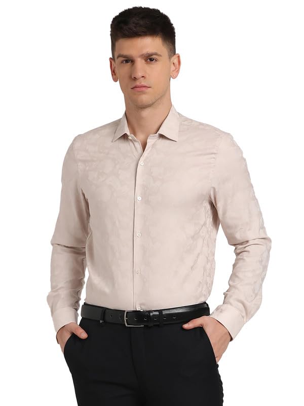 Turtle Men 100% Cotton Slim Fit Beige Jacquard Ceremonial Shirt