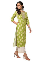 Soch Womens Olive Rayon Botanical Print Kurta with Gotta Patti