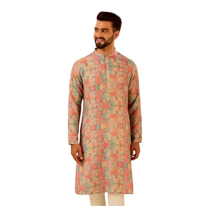 Kisah MenS Multi-Color Printed Cotton Kurta-Regular Fit Long Tunic With Mandarin Collar | Ethnic Wear For Weddings & Festive Oc