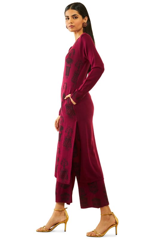 Soch Womens Wine Acrylic Doll Pattern Knitted Full Sleeves Winter Kurta Set