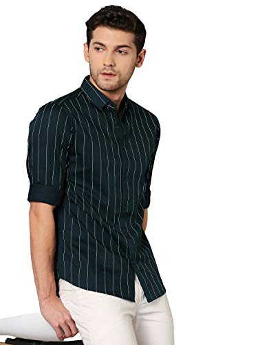 Dennis Lingo MenS Striped T-Green Slim Fit Cotton Casual Shirt (Az731_T-Green_S)