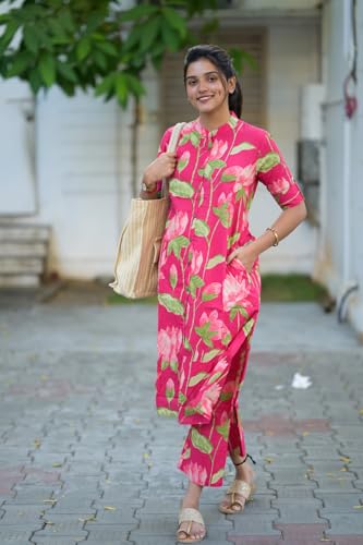 ANNI DESIGNER Womens Rayon Viscose Straight Printed Kurta with Pant (Ladat Pink_M_Pink_Medium)