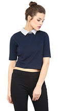 Miss Chase WomenS Navy Blue And Grey Collar Neck Half Sleeves Solid Boxy Crop Top (Mcaw14Tp01-43-141-03-Multicolor-S)