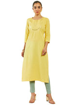 Soch Womens Light Yellow Cotton Flex Floral Embroidered Kurta With Sequin Details