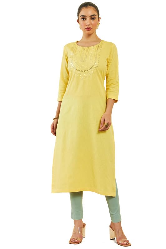 Soch Womens Light Yellow Cotton Flex Floral Embroidered Kurta With Sequin Details
