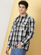 Thomas Scott Men Black Classic Tartan Checked Spread Collar Long Sleeves Shirt