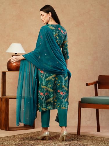 ANNI DESIGNER Womens Cotton Blend Straight Printed Kurta with Pant & Dupatta (GETO RAMA-NFB_M_Green_Medium)