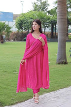ANNI DESIGNER Womens Georgette Lehariya Printed Anarkali Kurta with Pant & Dupatta (MOTHDA-Pink_XL_Pink_X-Large)