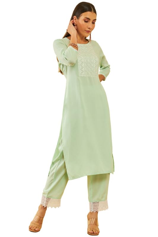 Soch Women Rayon Embroidered Kurta Set with Faux Mirror Work