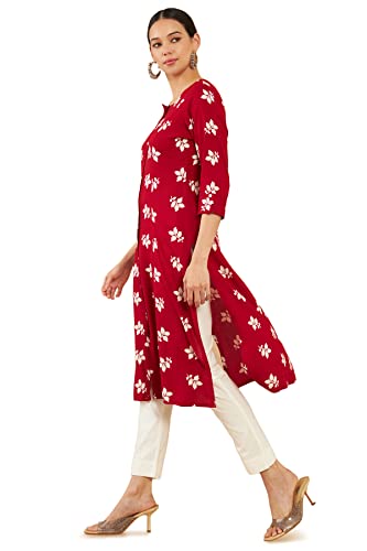 Red Rayon Screen Printing A-Line Fit Kurta