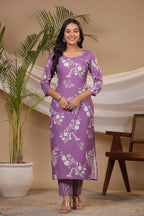 ANNI DESIGNER Womens Cotton Blend Straight Printed Kurta with Pant (Mayank Purple_L_Purple_Large)