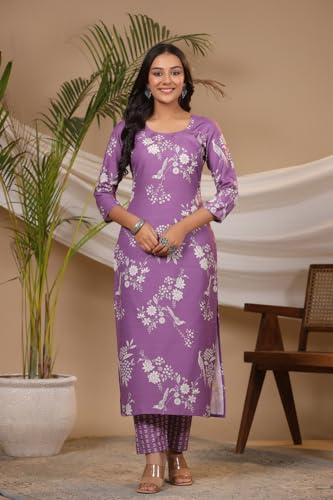 ANNI DESIGNER Womens Cotton Blend Straight Printed Kurta with Pant (Mayank Purple_L_Purple_Large)