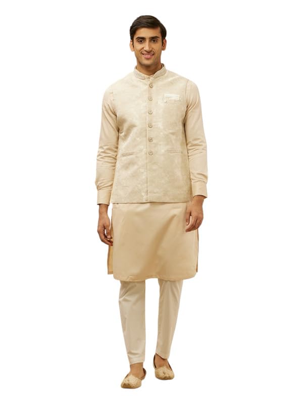 Manyavar Mens Cream Brocade Jacquard Jacket